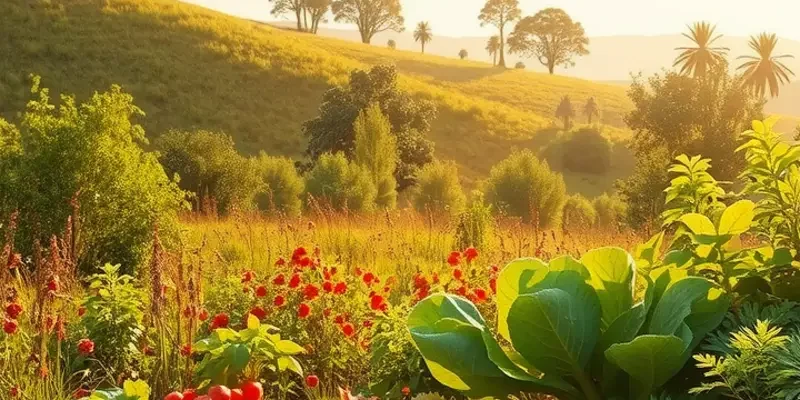 An organic garden filled with colorful vegetables and herbs under sunlight.