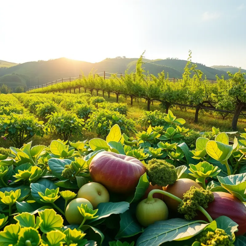 An abundant sunlit garden filled with organic vegetables and fruits.