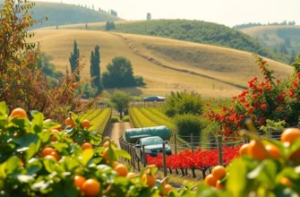 A scenic organic garden showcasing fresh vegetables and fruits under soft sunlight.