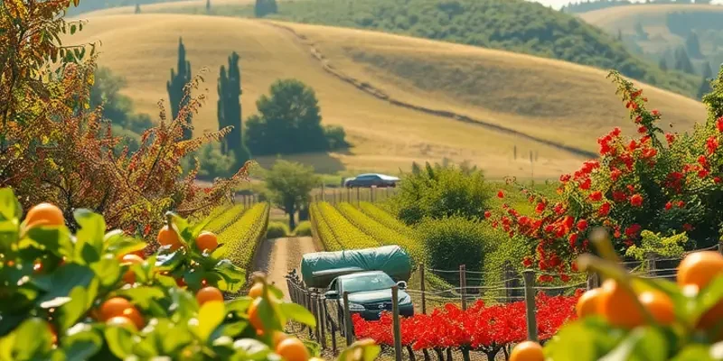 A scenic organic garden showcasing fresh vegetables and fruits under soft sunlight.