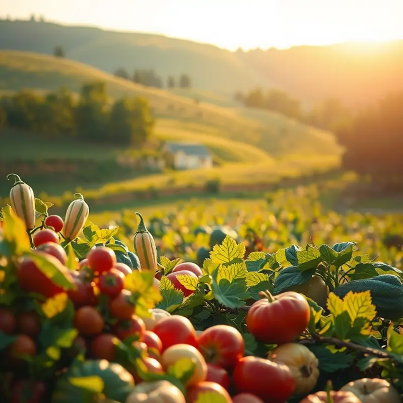 A vibrant field showcasing organic vegetables and fruits under soft, warm lighting.