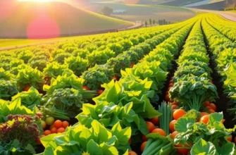 A sunlit field of vibrant organic vegetables and fruits amidst greenery.