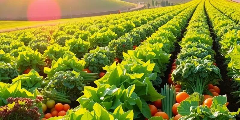 A sunlit field of vibrant organic vegetables and fruits amidst greenery.