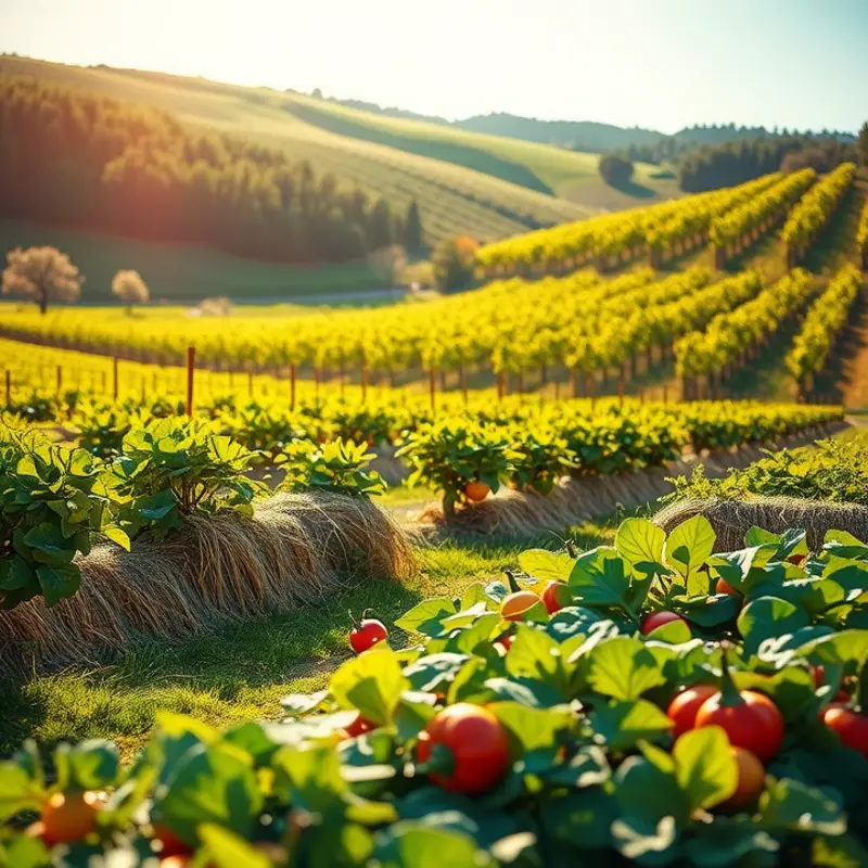 A vibrant sunlit field showcasing fresh organic produce.