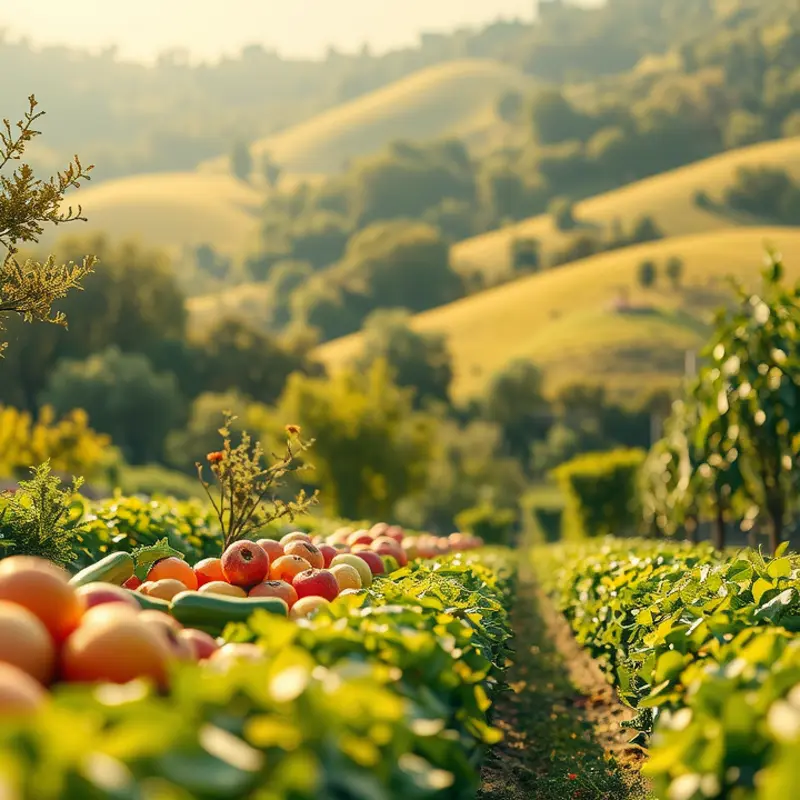 A serene view of a flourishing organic garden filled with vibrant vegetables and fruits.