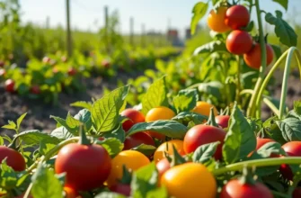 Photorealistic image of a lush garden filled with various colored vegetables and fruits under warm sunlight.