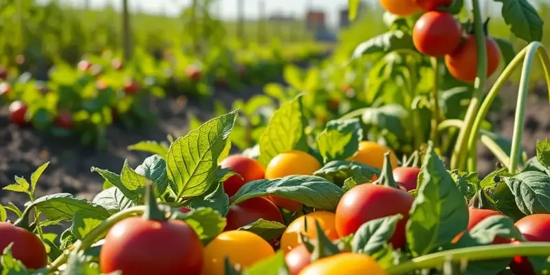 Photorealistic image of a lush garden filled with various colored vegetables and fruits under warm sunlight.