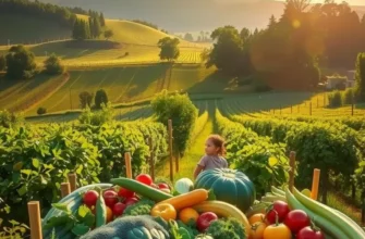 A vibrant sunlit field with lush greenery and ripe fruits and vegetables.