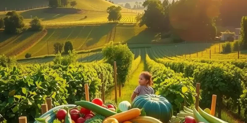 A vibrant sunlit field with lush greenery and ripe fruits and vegetables.