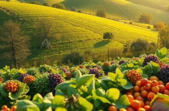 A photorealistic image of a sunlit organic landscape with abundant fruits and vegetables.