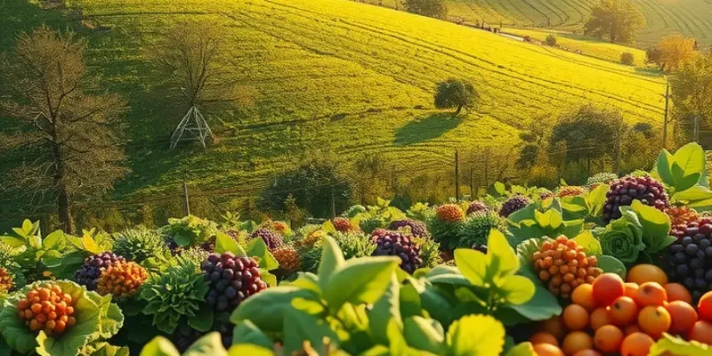A photorealistic image of a sunlit organic landscape with abundant fruits and vegetables.