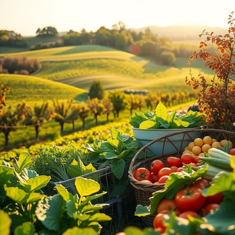 A sunlit orchard rich with colorful, healthy produce.