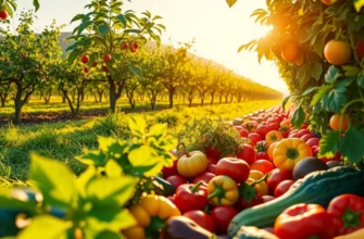 A vibrant and sunlit orchard filled with fresh fruits and vegetables, highlighting a natural approach to healthy eating.