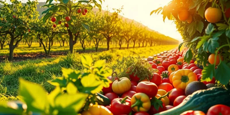 A vibrant and sunlit orchard filled with fresh fruits and vegetables, highlighting a natural approach to healthy eating.