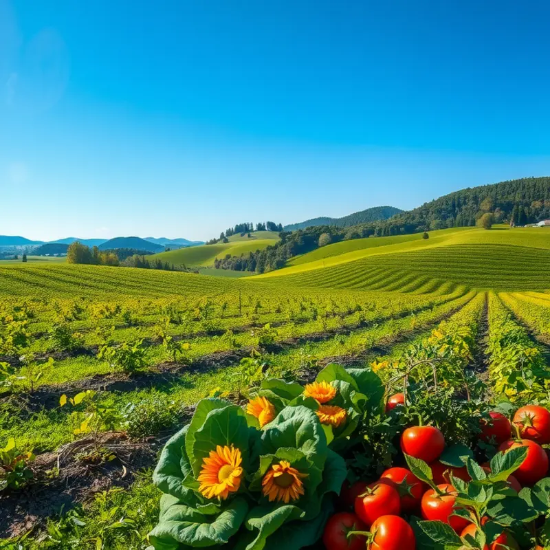A vibrant organic orchard filled with fresh vegetables and fruits basking in sunlight.
