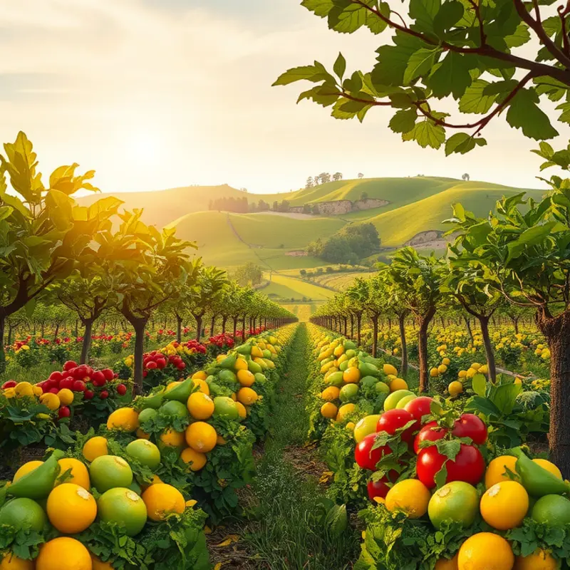 A vibrant sunlit orchard showcasing an abundance of organic vegetables and fruits.