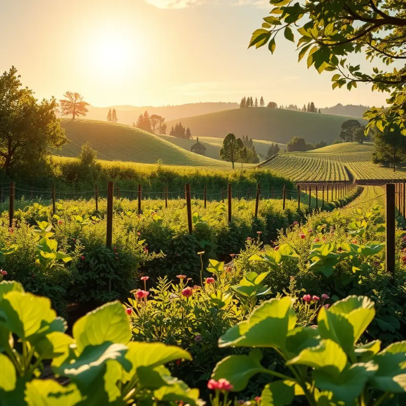 A sunlit orchard showcasing vibrant vegetables and fruits.