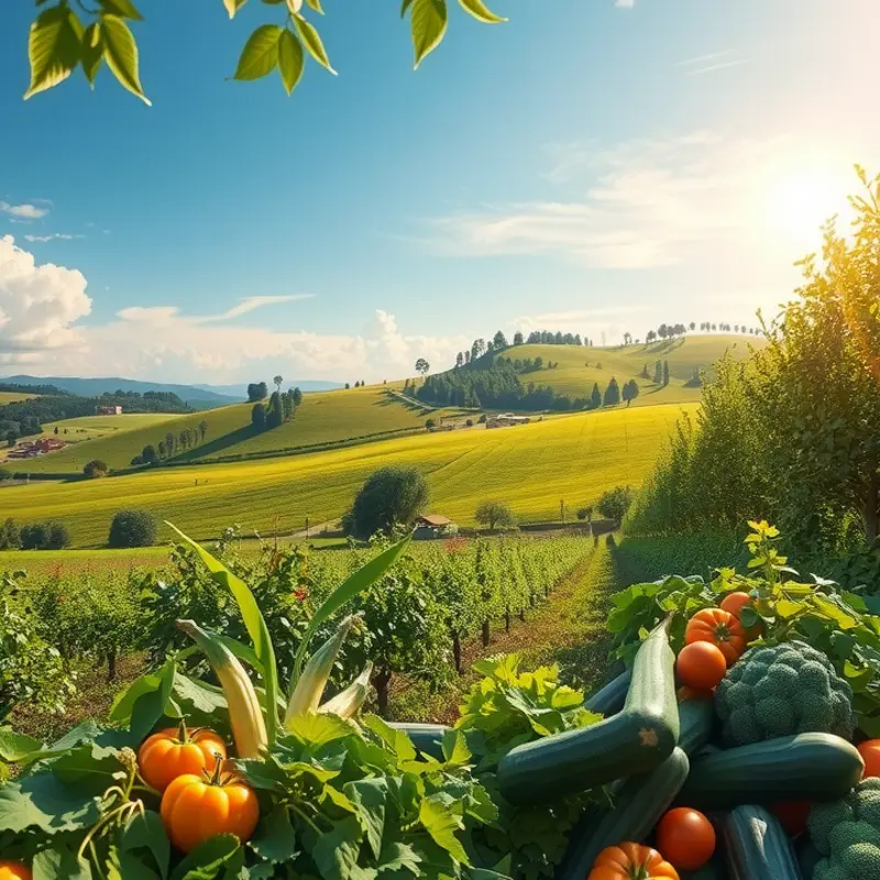 A sunlit orchard filled with vibrant organic vegetables and fruits.