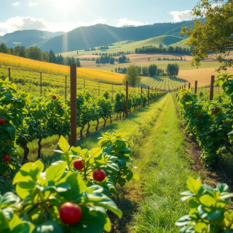 A serene sunlit orchard flourishing with fresh fruits and vegetables.