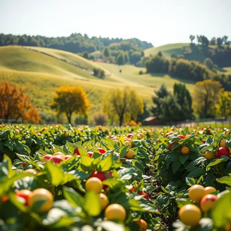 A breathtaking sunlit orchard brimming with vibrant, organic produce.