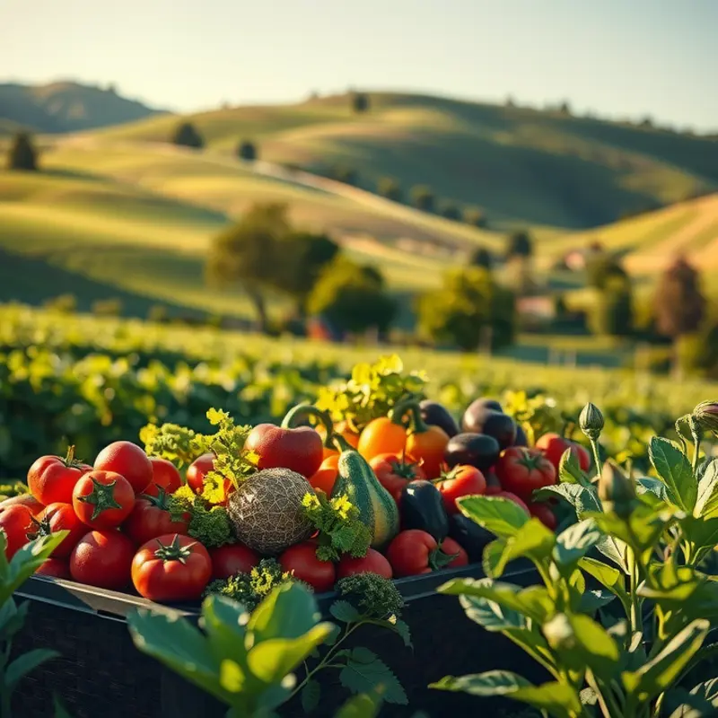 A vibrant orchard showcasing the abundance of organic fruits and vegetables under soft sunlight.