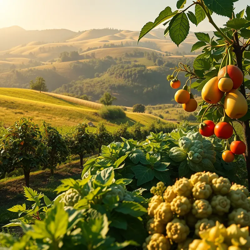 A sunlit orchard showcasing vibrant vegetables and fruits.