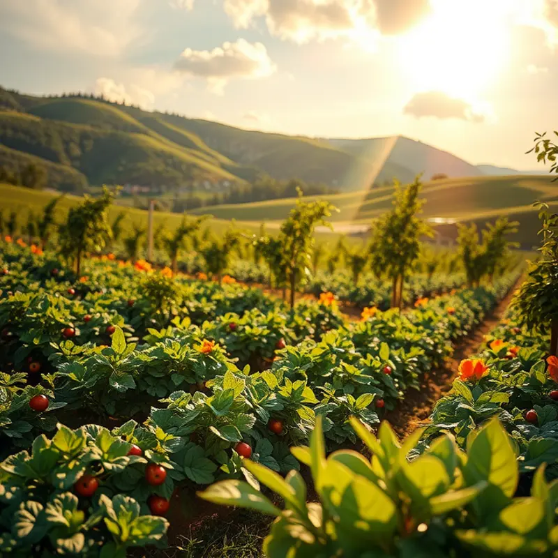 A sunlit orchard thriving with vibrant fruits and vegetables, showcasing nature’s bounty.