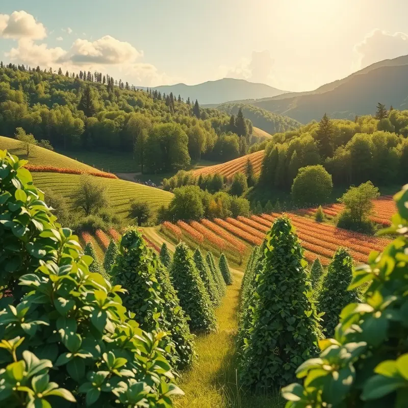 A sunlit orchard filled with vibrant fruits and vegetables.