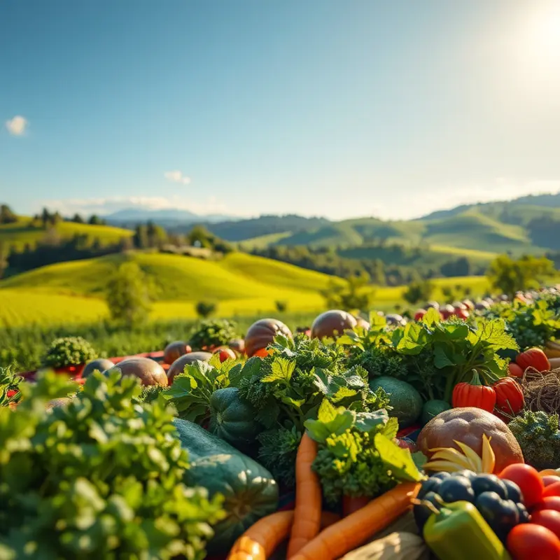 A sunlit organic orchard with vibrant produce.