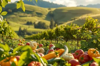 A stunning landscape of a sunlit orchard full of fresh, organic fruits and vegetables.