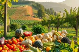 An idyllic sunlit orchard filled with an abundance of organic fruits and vegetables.