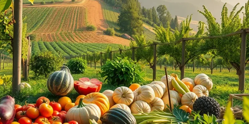 An idyllic sunlit orchard filled with an abundance of organic fruits and vegetables.