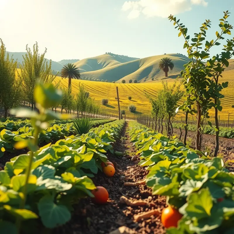 A serene sunlit orchard filled with vibrant vegetables and fruits.