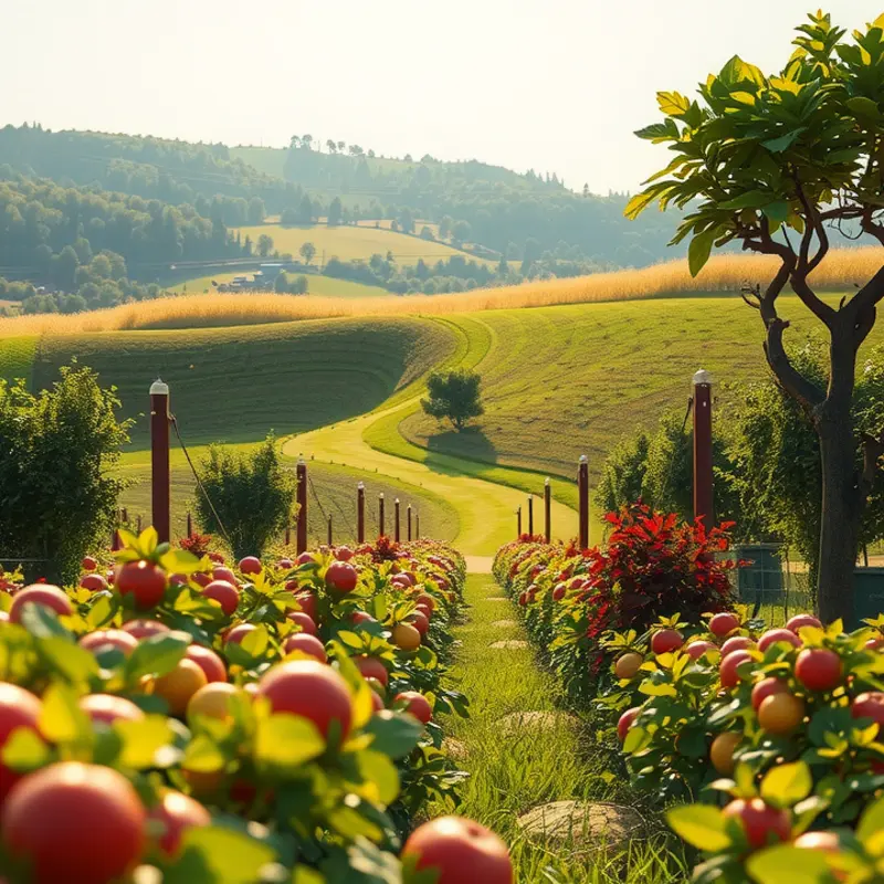 A sunlit orchard showcasing fresh organic produce.