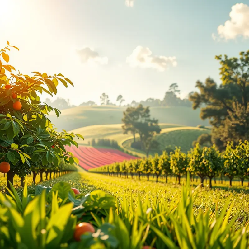 A sunlit orchard filled with vibrant vegetables and fruits.