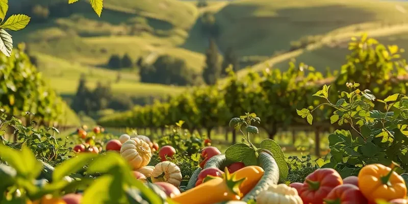 A stunning landscape of a sunlit orchard full of fresh, organic fruits and vegetables.