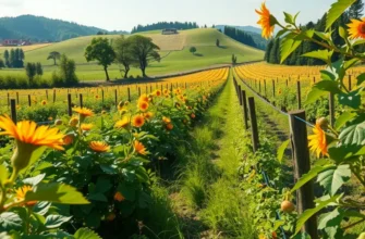 A picturesque scene of healthy organic vegetables and fruits in a sunlit orchard.