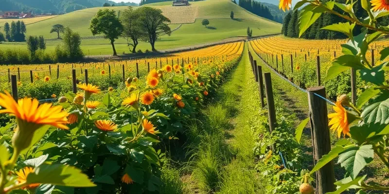A picturesque scene of healthy organic vegetables and fruits in a sunlit orchard.