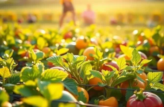 A scenic view of a sunlit field brimming with organic fruits and vegetables.