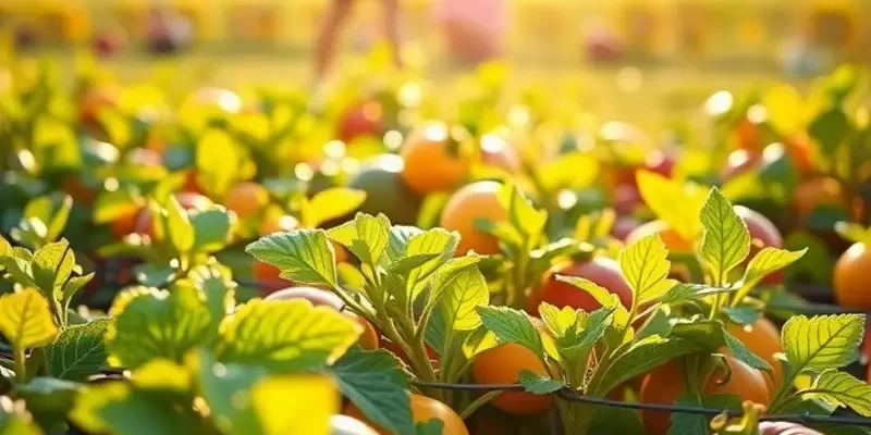 A scenic view of a sunlit field brimming with organic fruits and vegetables.