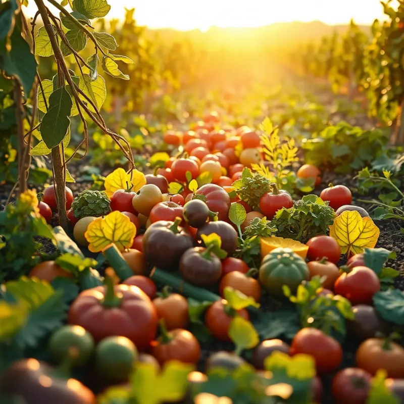 A sunlit field overflowing with organic vegetables and fruits, symbolizing abundance and health.