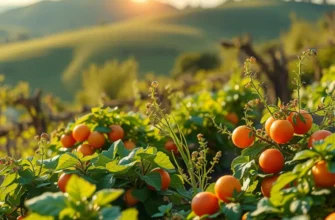A vibrant sunlit landscape filled with healthy organic foods.
