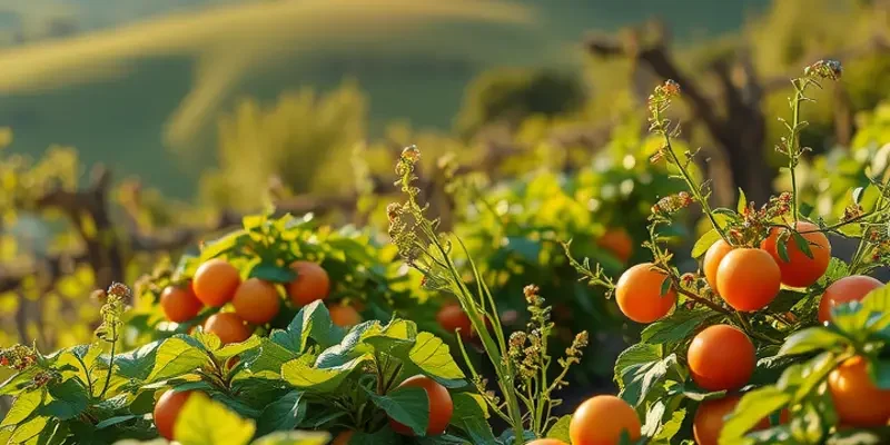 A vibrant sunlit landscape filled with healthy organic foods.