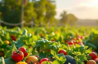 A picturesque landscape of vibrant vegetables and fruits in a sunlit field.