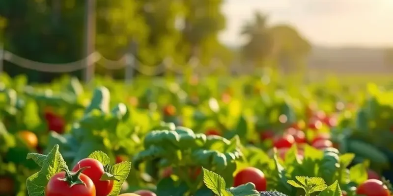 A picturesque landscape of vibrant vegetables and fruits in a sunlit field.