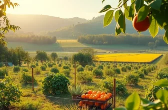 Sunlit orchard featuring an array of organic fruits and vegetables.