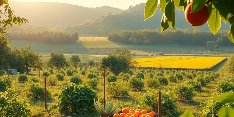 Sunlit orchard featuring an array of organic fruits and vegetables.