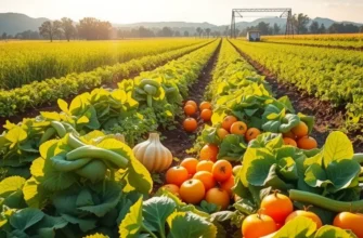 Photorealistic illustration of a sunlit field with vibrant vegetables and fruits, showcasing natural organic elements.