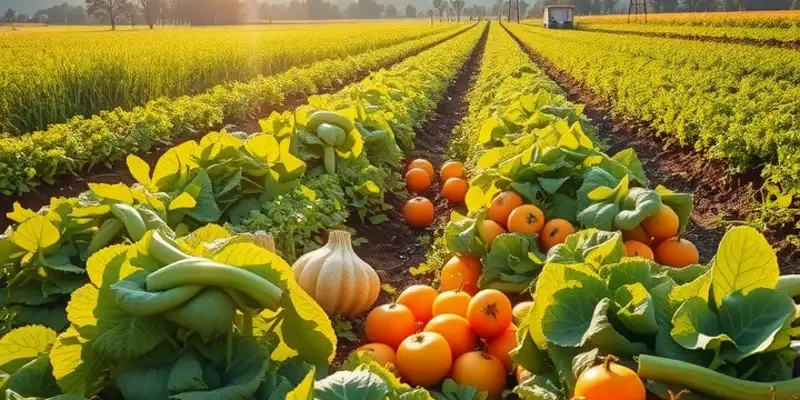 Photorealistic illustration of a sunlit field with vibrant vegetables and fruits, showcasing natural organic elements.