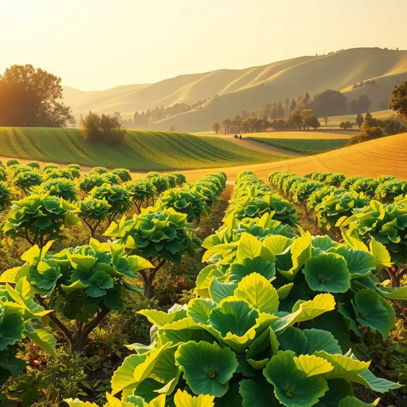 A sunlit field brimming with organic vegetables and fruits.